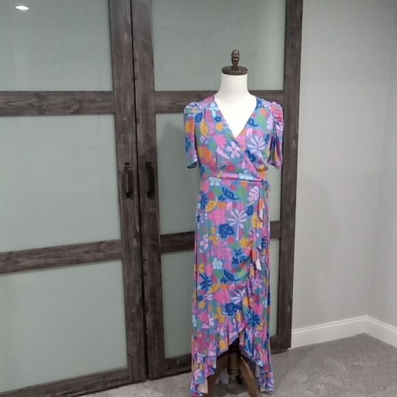 Sugarlips Floral Short Sleeve Wrap Maxi Dress - Blue Multicolor Size XS NWT - Picture 1 of 3